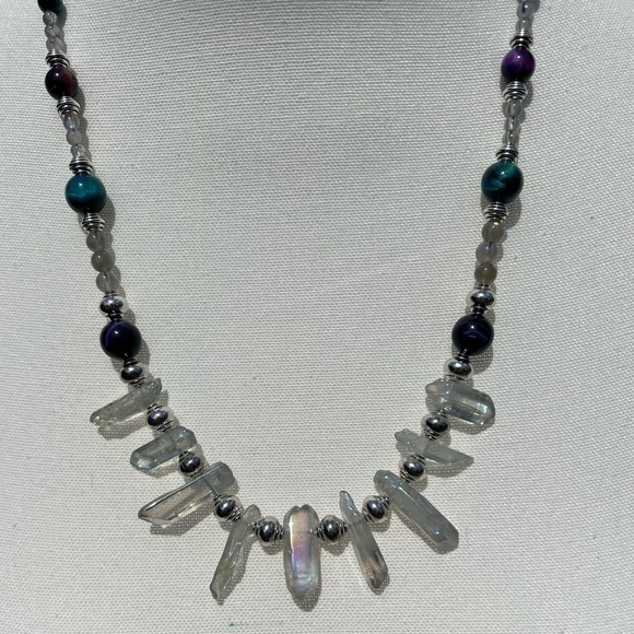 Handmade - Aura Quartz, Labradorite and Galaxy Tigers Eye Beaded Necklace - Picture 4 of 15